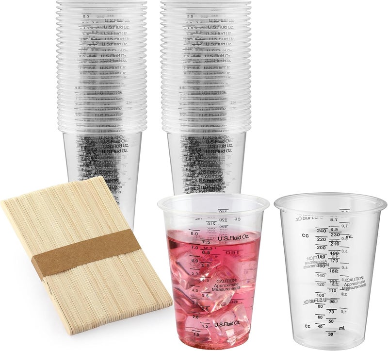 DQELFA 50PCS Resin Epoxy Mixing Cups, 8oz Clear Plastic Paint Measuring Cups with 50pcs Wooden Stirring Sticks for Epoxy Resins, Mixing Paint, Pigments, Resins - Image 1